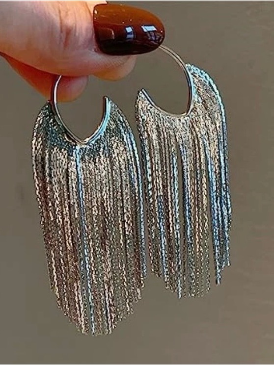 Silver Fringe Hoop Earrings With Chain Tassels 20$
